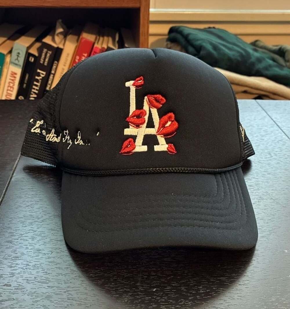 Los Angeles Dodgers Custom Embroidered Lips Trucker Hat Black Adjustable